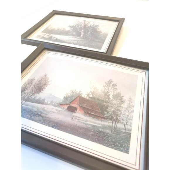 VINTAGE S. ABUTT Framed Art Prints Set of 2 | Red Barn in Winter & Snowy Tree - Picture 6 of 10